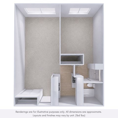 Floor plan for 1 bed, 1 bath, 670 sqft